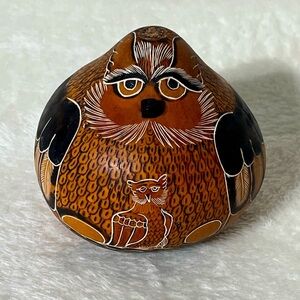 Vintage Hand Carved Painted Owl and Baby Owlet Gourd Figurine Folk Art